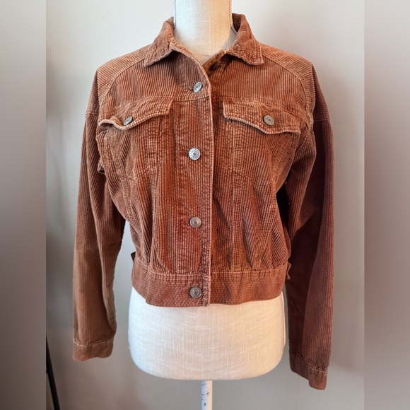 American Eagle Small Crop Top Jacket Corduroy Burnt Sienna Button Collar Sz XS - Picture 1 of 7